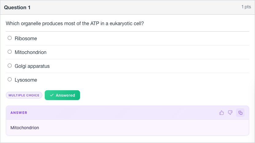 Normal mode: a Canvas quiz question with a Multiple choice label, an Answered button and a purple answer card that says Mitochondrion