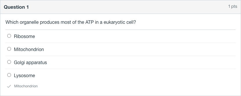 Discreet mode: the same Canvas quiz question with a small check icon and the answer Mitochondrion in small grey text under the options