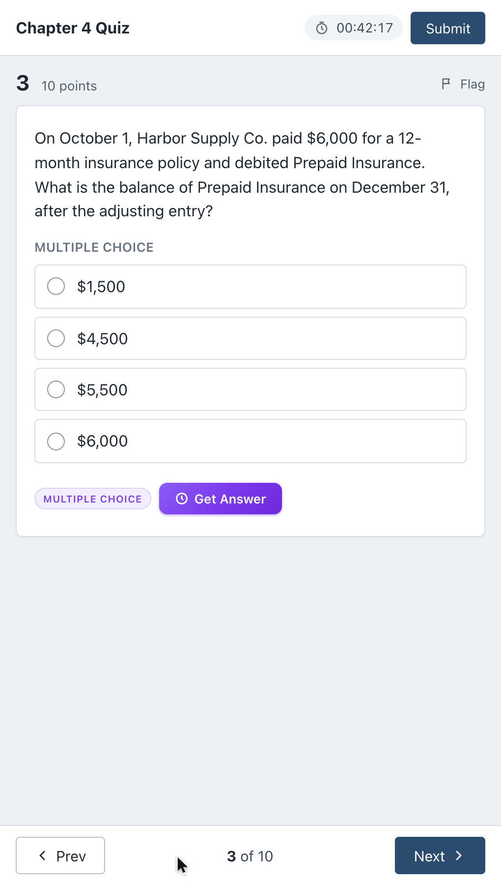 An answer appears under a Connect-style question, and the student picks the option and moves on