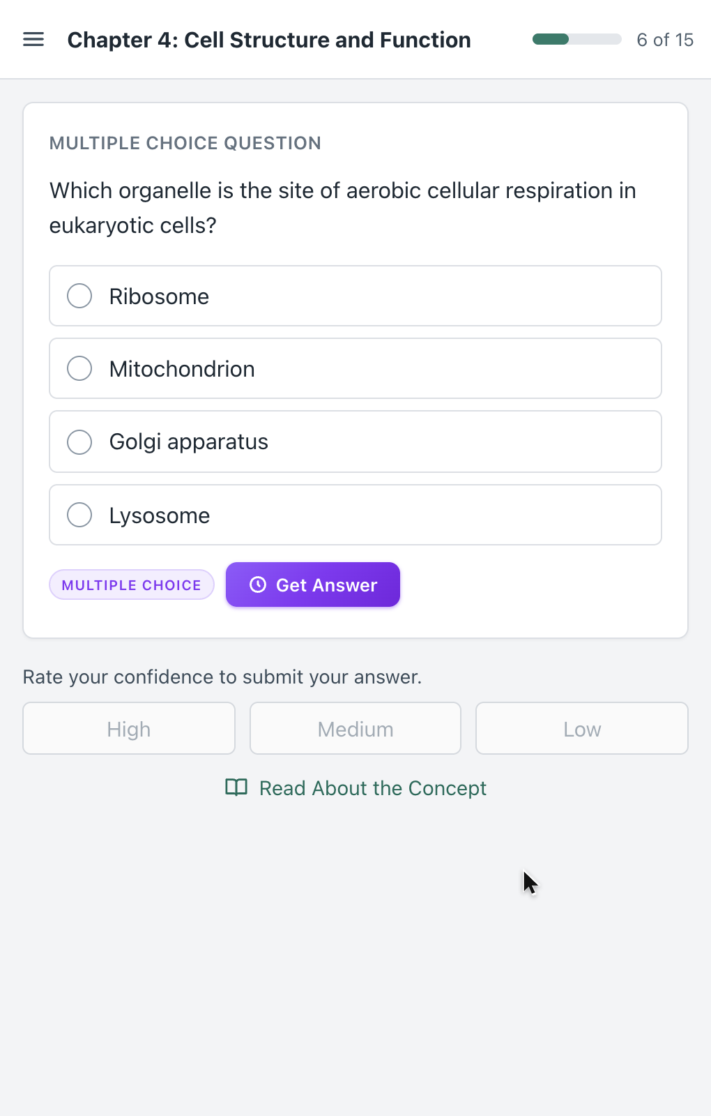 The answer appears above the SmartBook confidence buttons, and the student picks it