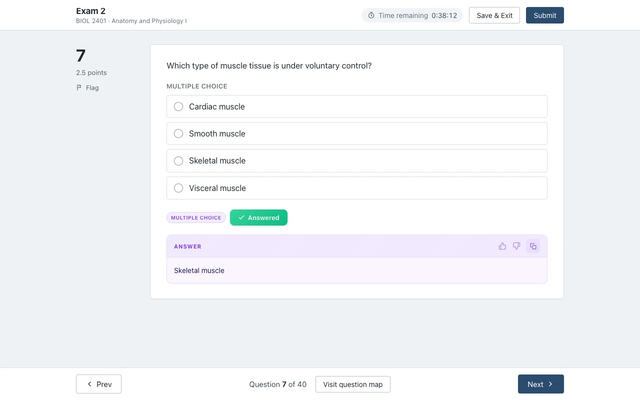 A Connect-style exam page showing Question 7 of 40 and the time remaining, with the answer shown under the question