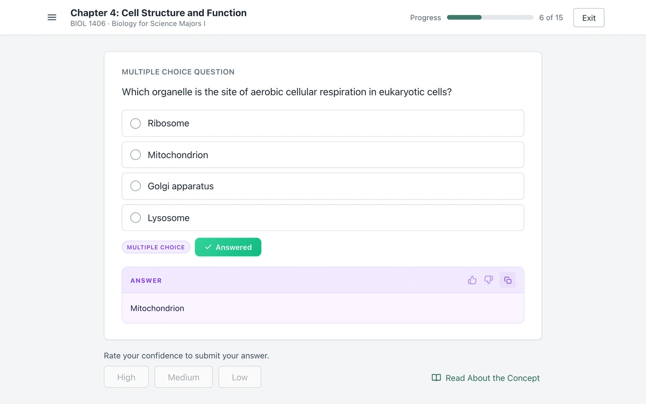 A crop of a SmartBook-style page: the assignment title and progress bar in the header, a question with its answer card above the confidence buttons