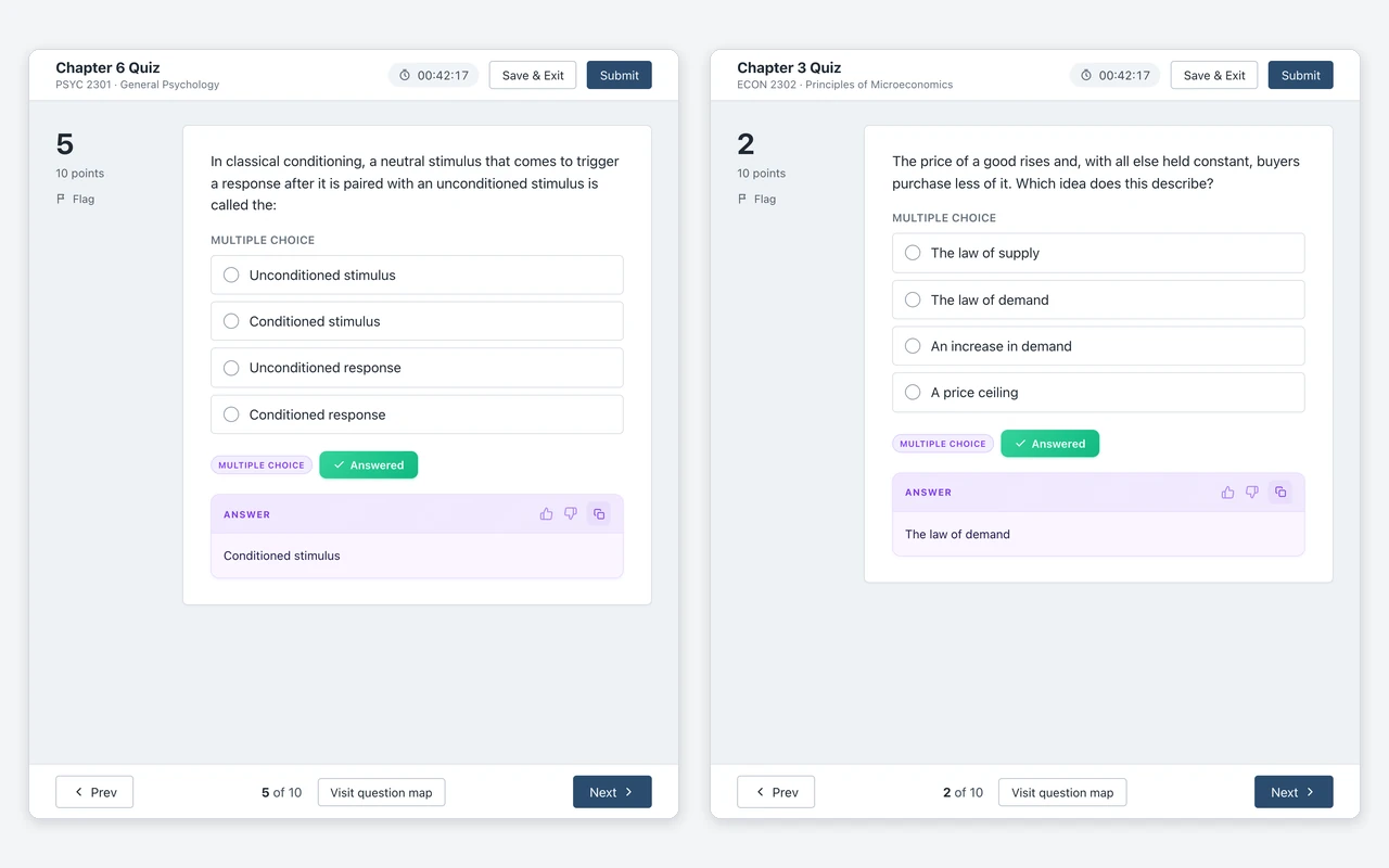 Two Connect-style questions side by side, a psychology question on classical conditioning and an economics question on the law of demand, each with its answer card