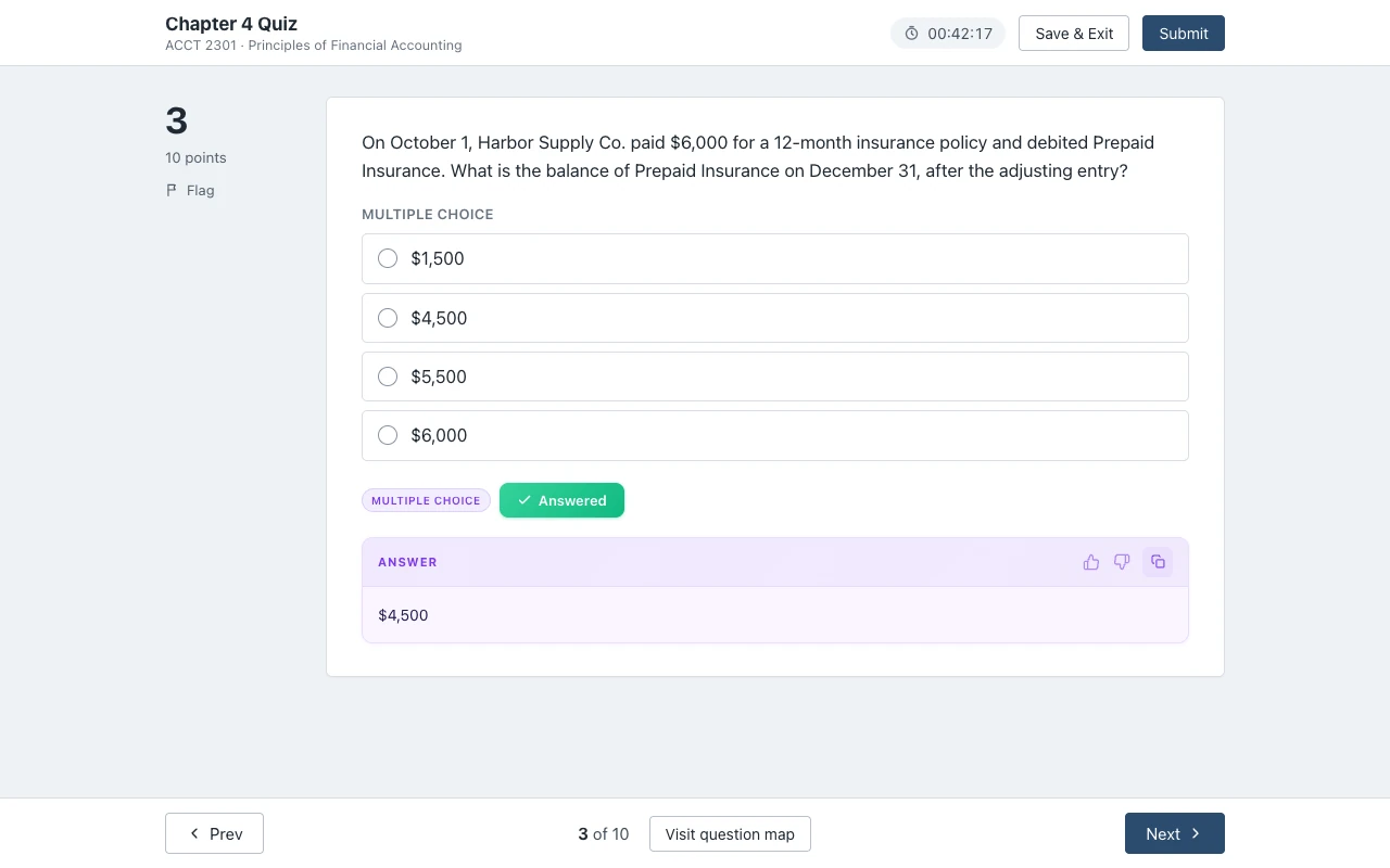 An accounting multiple choice question about the Prepaid Insurance balance, with the answer card showing $4,500