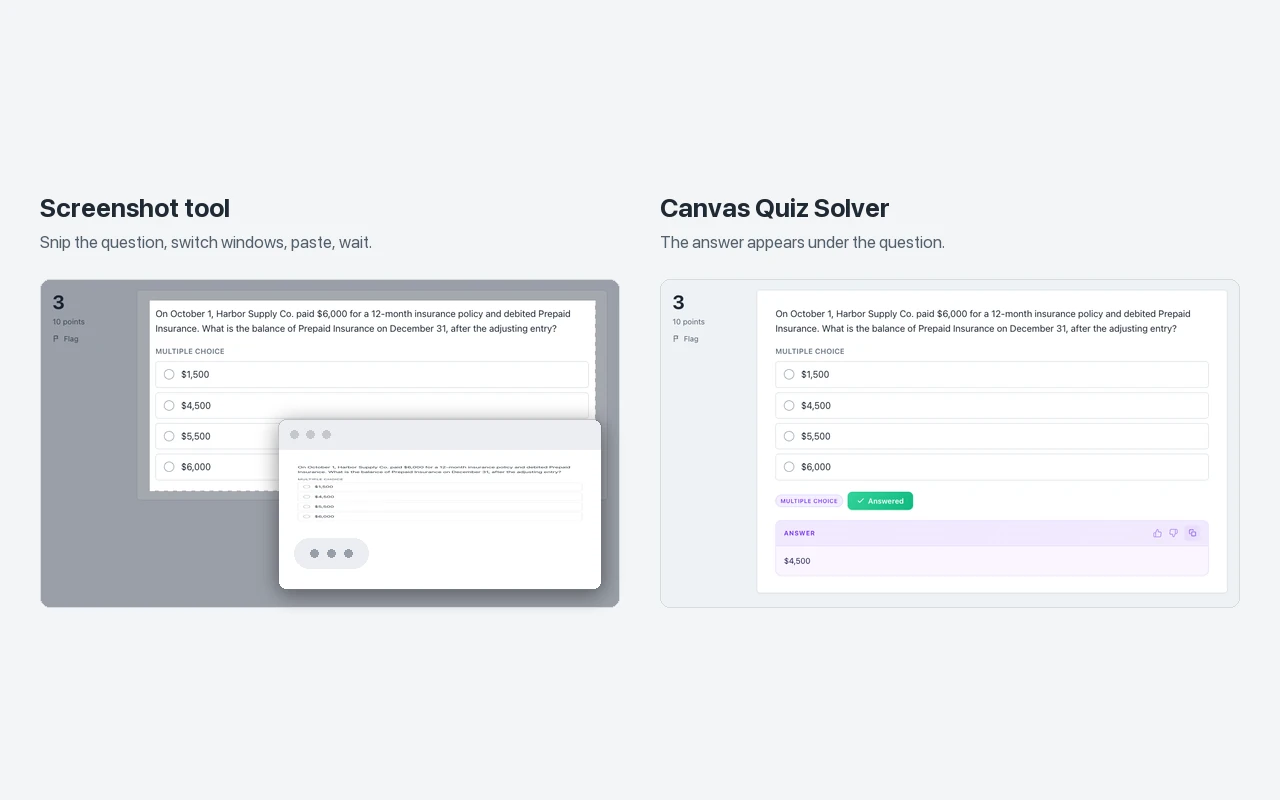 Side by side: a question snipped into a second window and still waiting, next to the answer shown inside the page