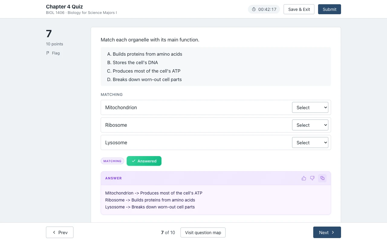 A matching question pairing three organelles with their functions, with the answer card listing each pair