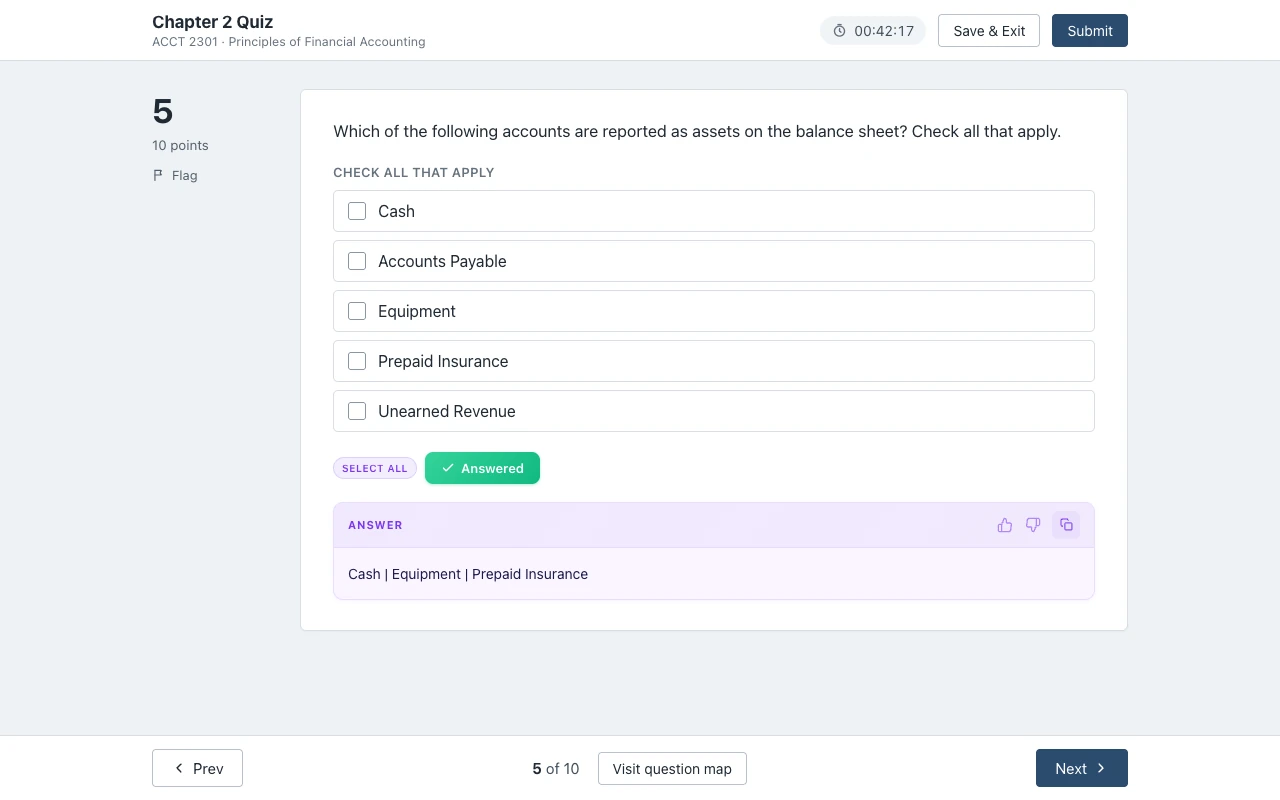 A check all that apply question about balance sheet assets, with the answer card listing Cash, Equipment and Prepaid Insurance