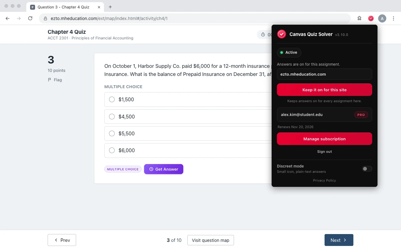 The extension popup saying Answers are on for this assignment, with the Keep it on for this site button